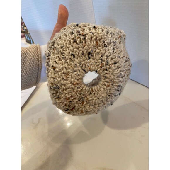 Hand Knitted Cozy Small Beanie Boho Hat Tan Variegated Yarn Thick & Warm - Picture 7 of 8